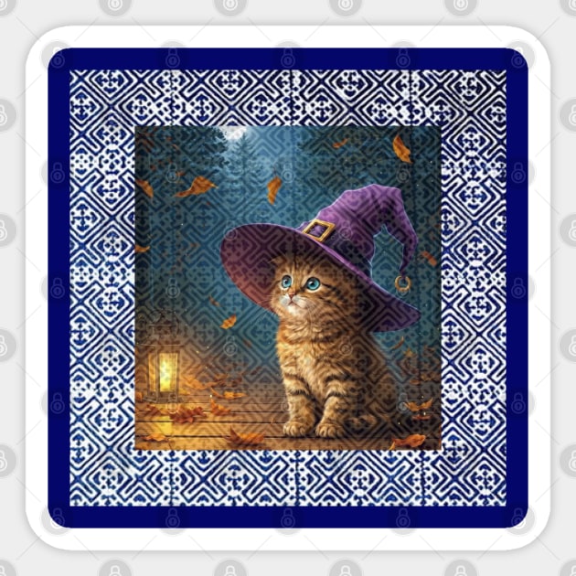 Tribal Whiskers in Moonlit Glow – Halloween Cat with Hmong Spirit Sticker by Pimcolle